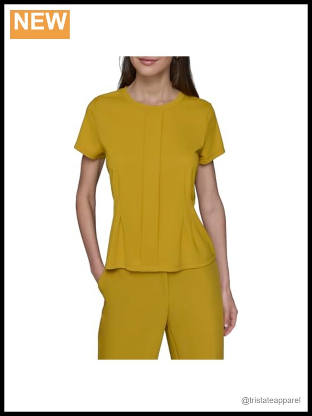Karl Lagerfeld Women's Short Sleeve Round Neck Pleat Front Peplum Blouse